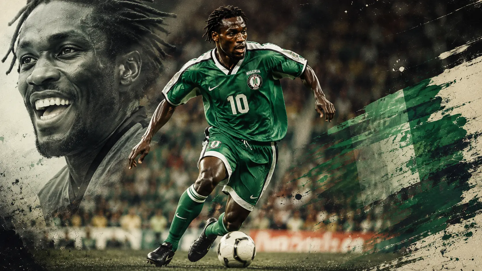 Jay-Jay Okocha in Nigeria's green shirt running with the ball