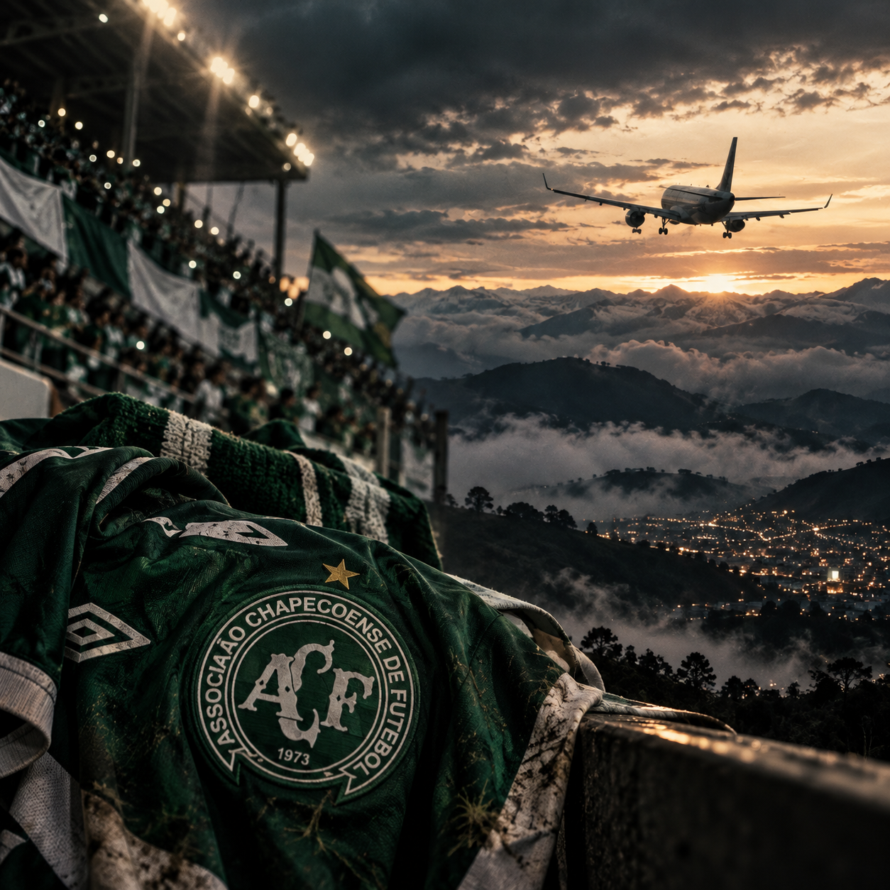 Supplied artwork of a Chapecoense shirt, supporters and an aircraft above the mountains