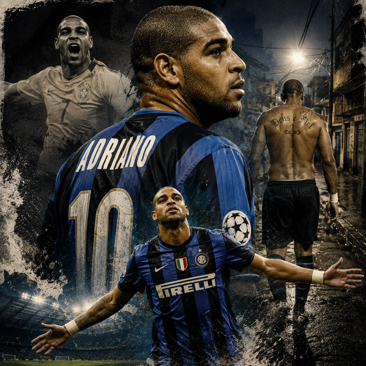 Adriano celebrating a goal in Inter Milan's black and blue stripes