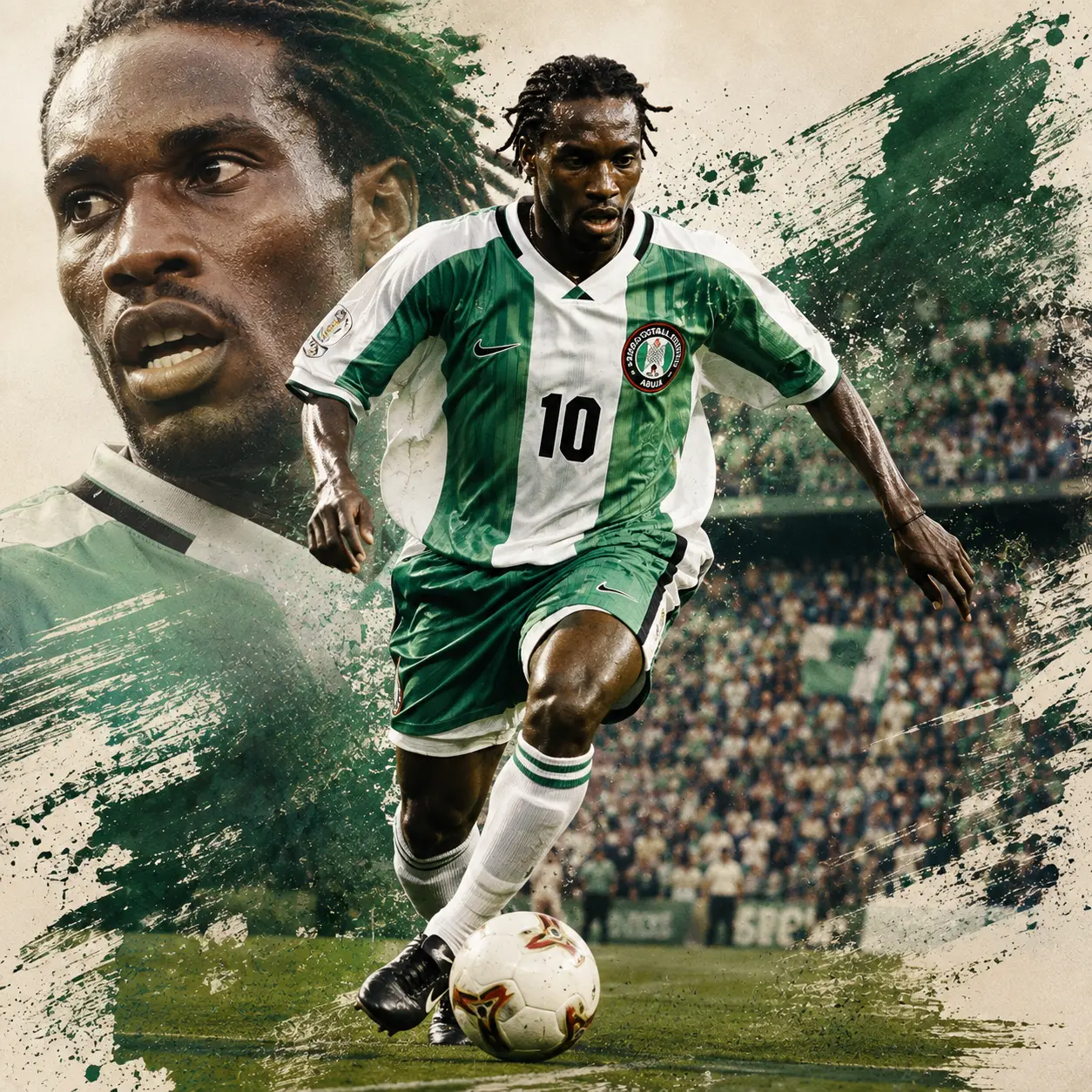 Artwork of Jay-Jay Okocha in Nigeria's green number 10 shirt on the ball