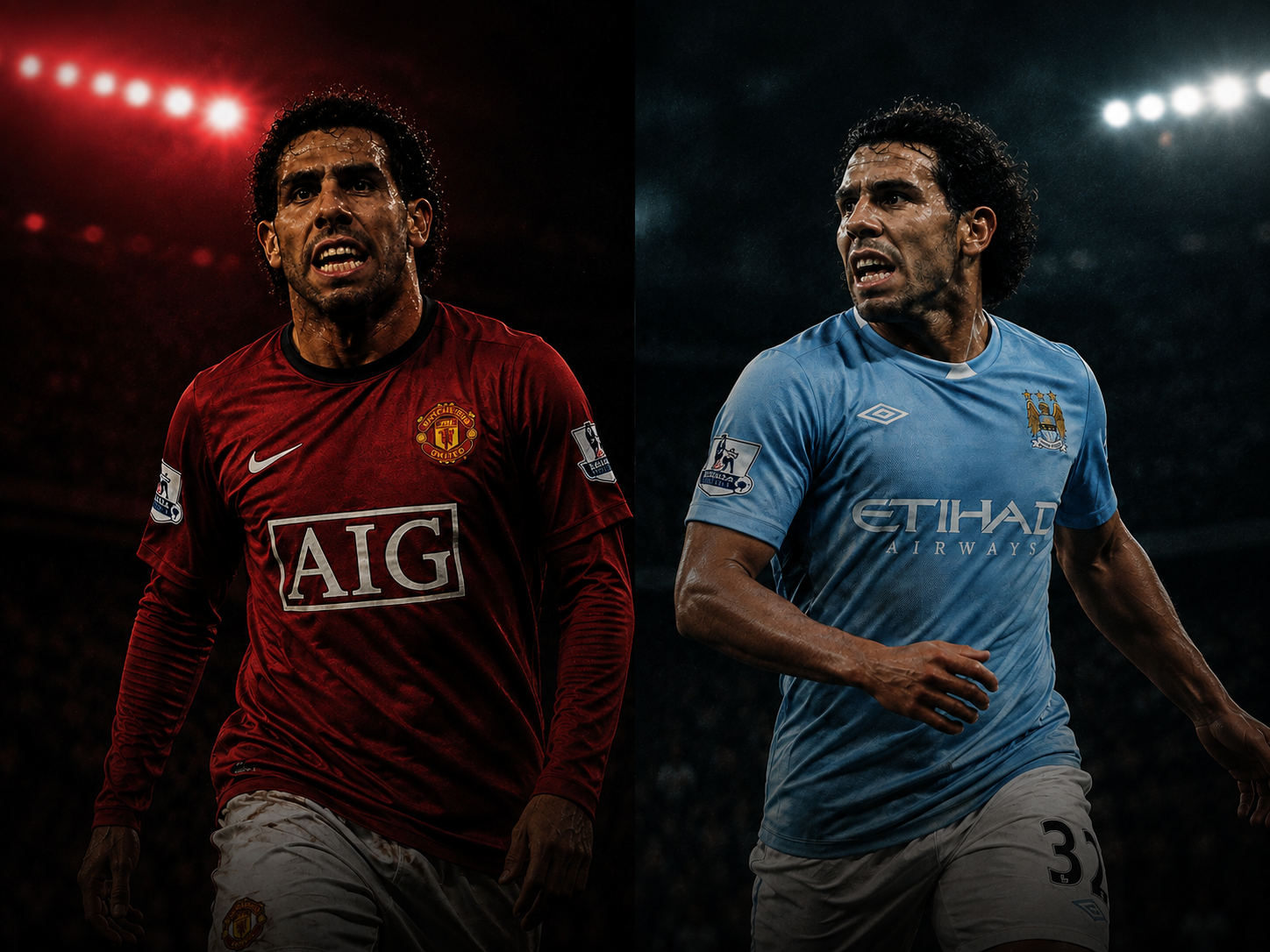 Carlos Tevez in a sky blue Manchester City shirt against a stormy city skyline