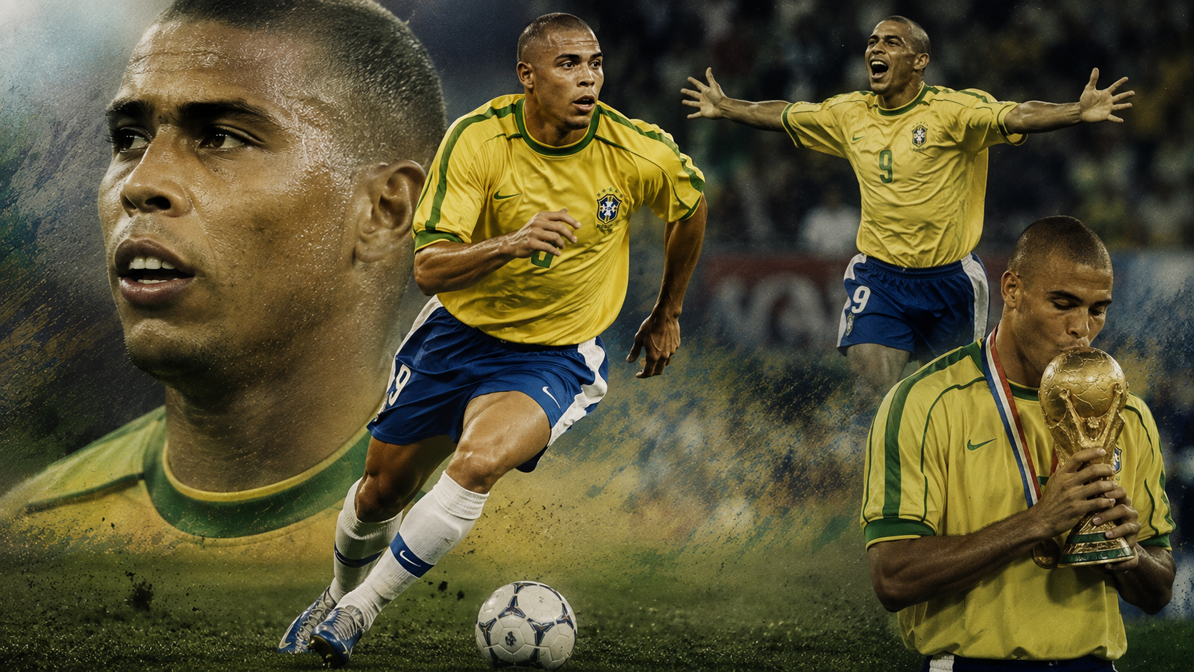 Ronaldo Nazário celebrating in a yellow Brazil shirt with arms raised