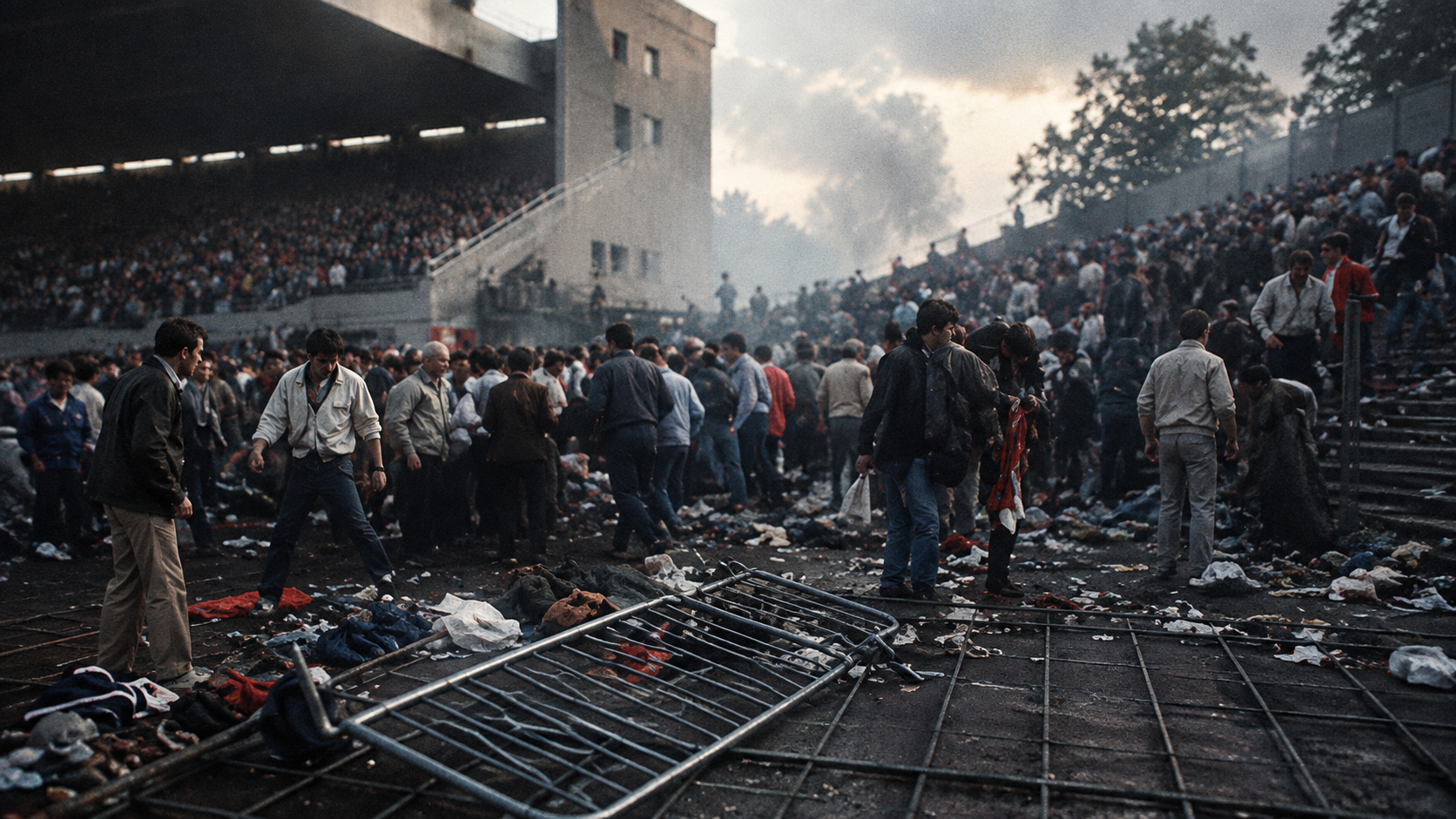 Crowd on the damaged terrace at Heysel Stadium after the 1985 European Cup final disaster