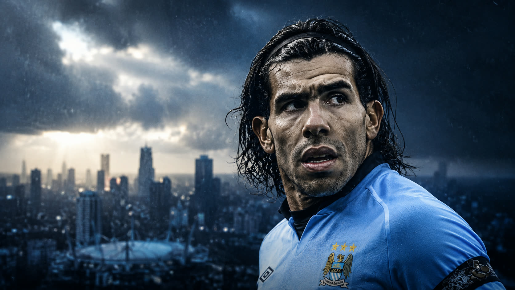 Carlos Tevez in a sky blue Manchester City shirt against a stormy city skyline