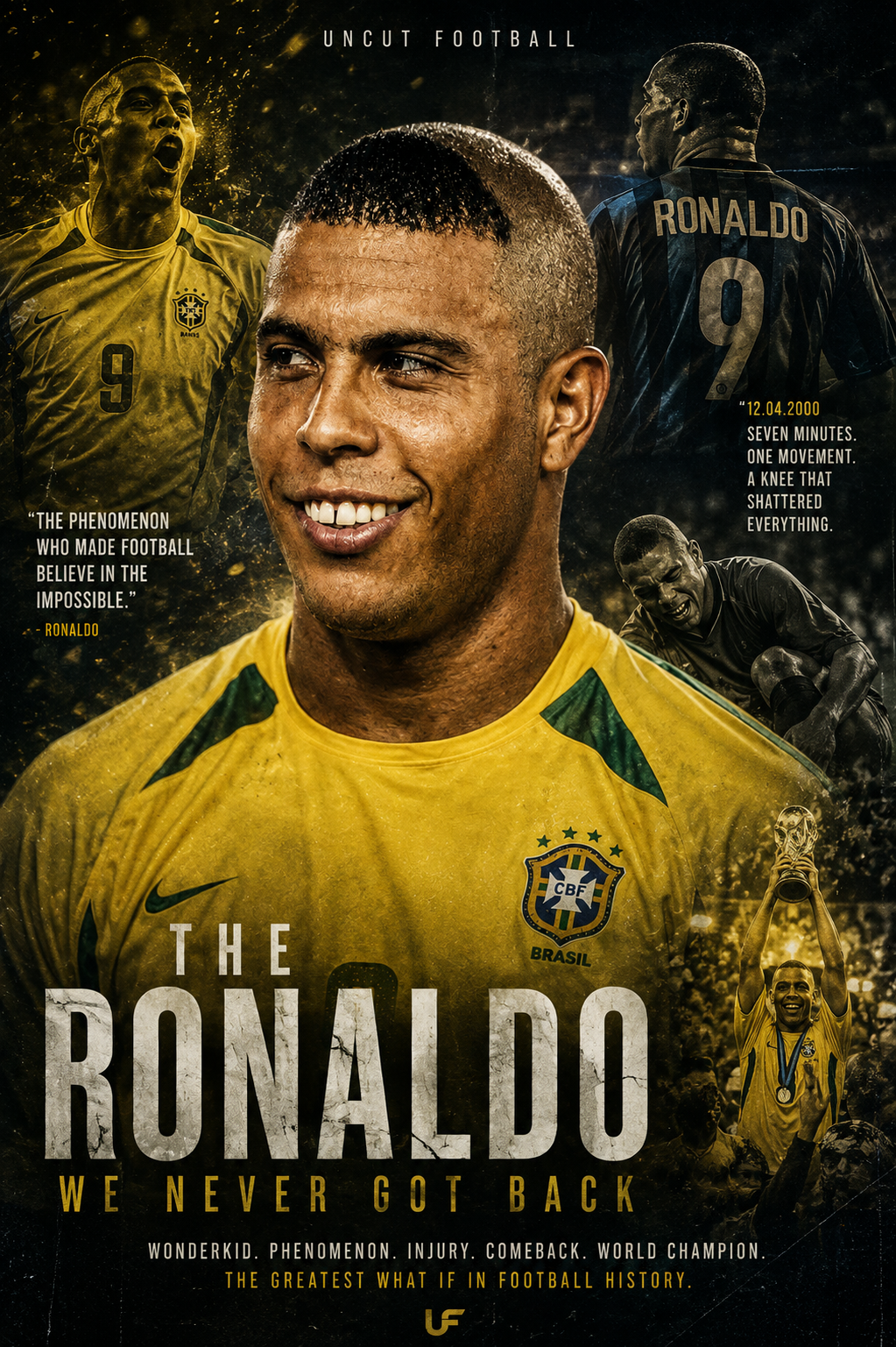 Ronaldo Nazário celebrating in a yellow Brazil shirt with arms raised