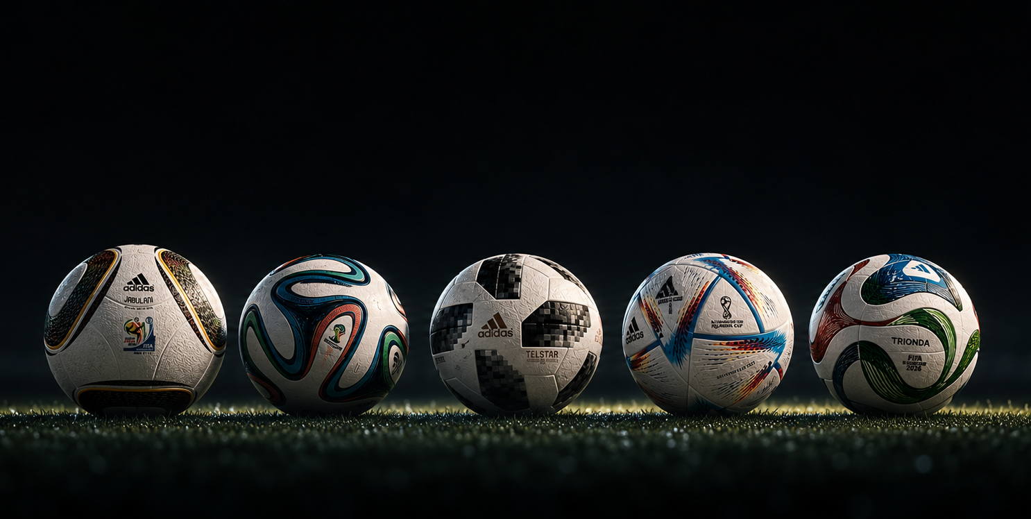 World Cup match balls from the Jabulani to the Trionda lined up on the pitch