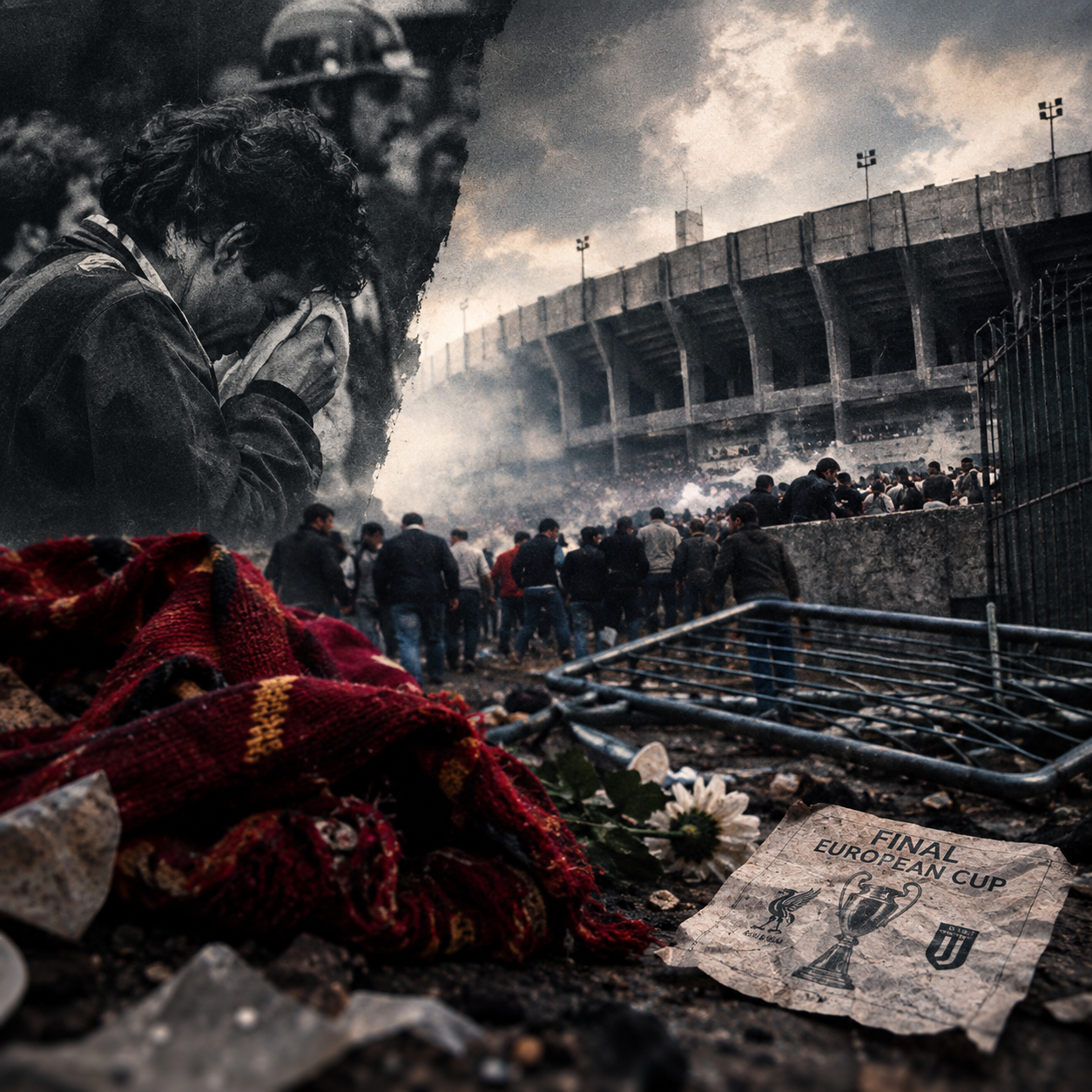 A mourning scene outside Heysel Stadium after the 1985 European Cup final disaster