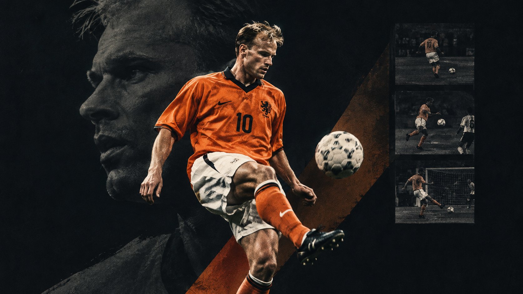 Illustration of a Netherlands number 10 in the orange shirt striking the ball, with the World Cup trophy in silhouette