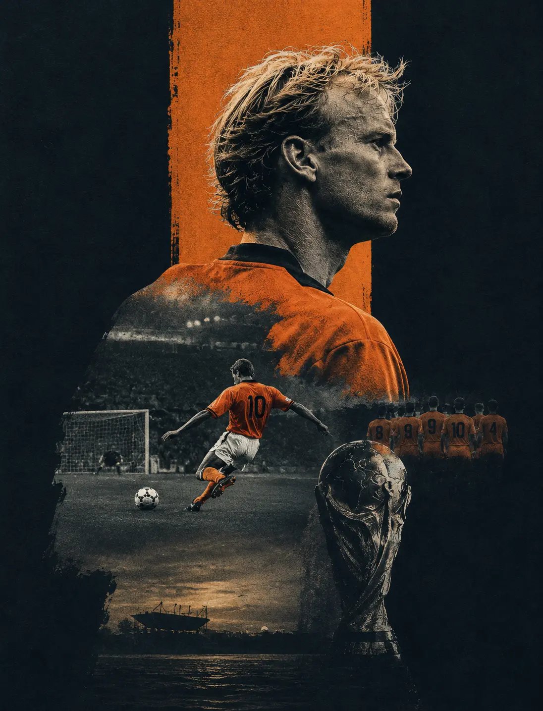 Illustration of a Netherlands number 10 in the orange shirt striking the ball, with the World Cup trophy in silhouette